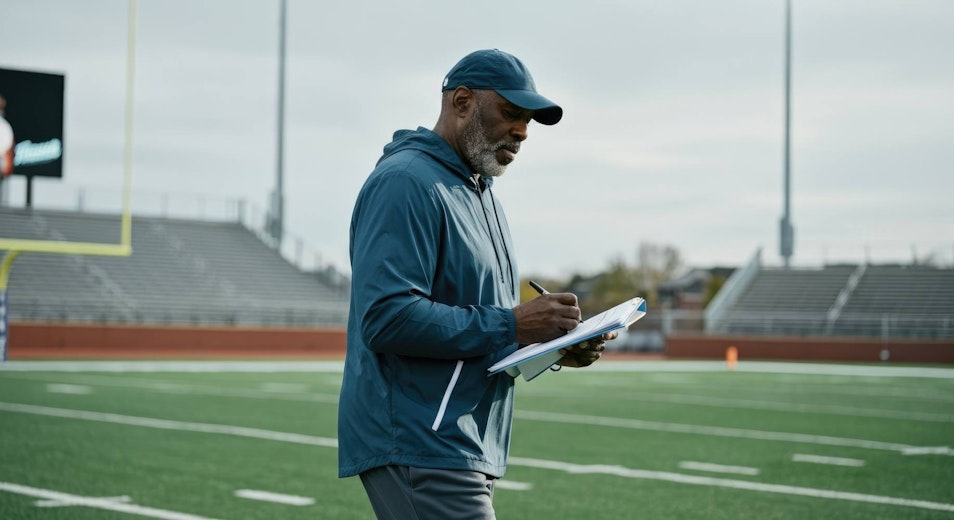 African American male coach assessing practice on football field