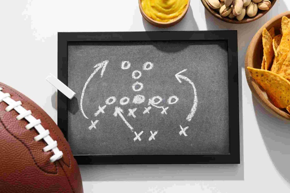 American football game plan on a chalkboard