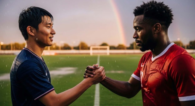 Two men shaking hands on a soccer field