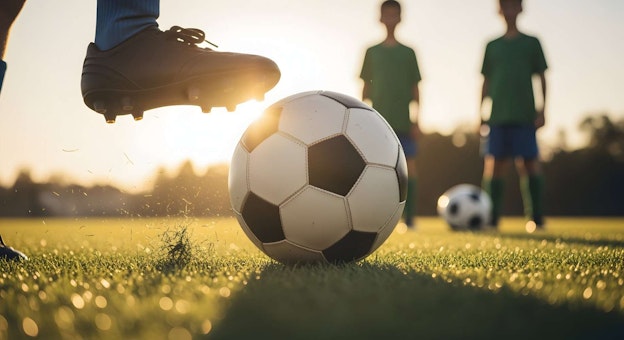 Football player kicks soccer ball on grassy field during golden hour practice with teammates