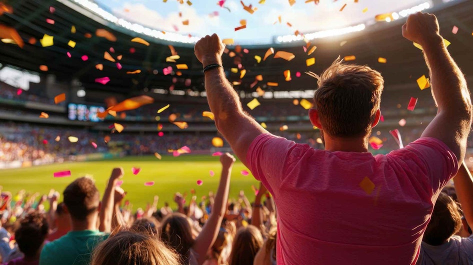 Energetic crowd celebrating in vibrant sports stadium with confetti