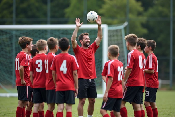 photo of coach instructor trainer teaching teenage player at soccer field