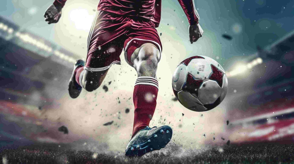 close up of determined soccer player kicking ball