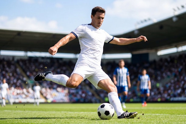 Professional male soccer player kicking a ball during a stadium match