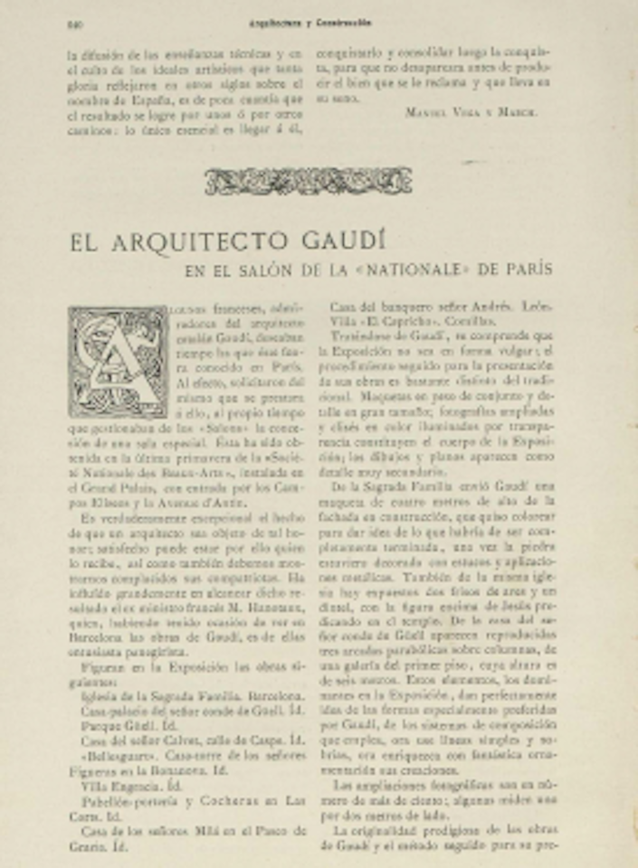 Ressenya de l'exposició de Gaudí al Grand Palais (París), 1910. Arquitectura i construcció, XIV, núm.217, agost 1910.