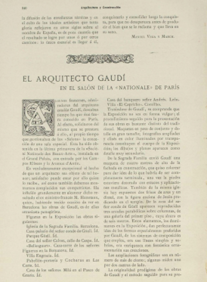 Review of Gaudí's exhibition at the Grand Palais (Paris), 1910. Architecture and construction, XIV, no.217, August 1910.