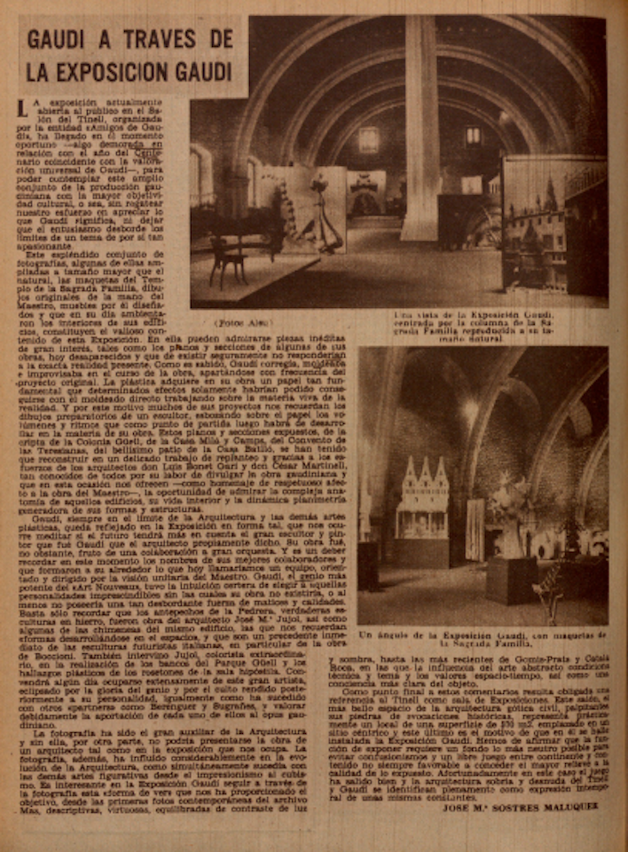 Gaudí exhibition at the Saló del Tinell (Barcelona), 1956. Diario de Barcelona, ​​June 13, 1956.