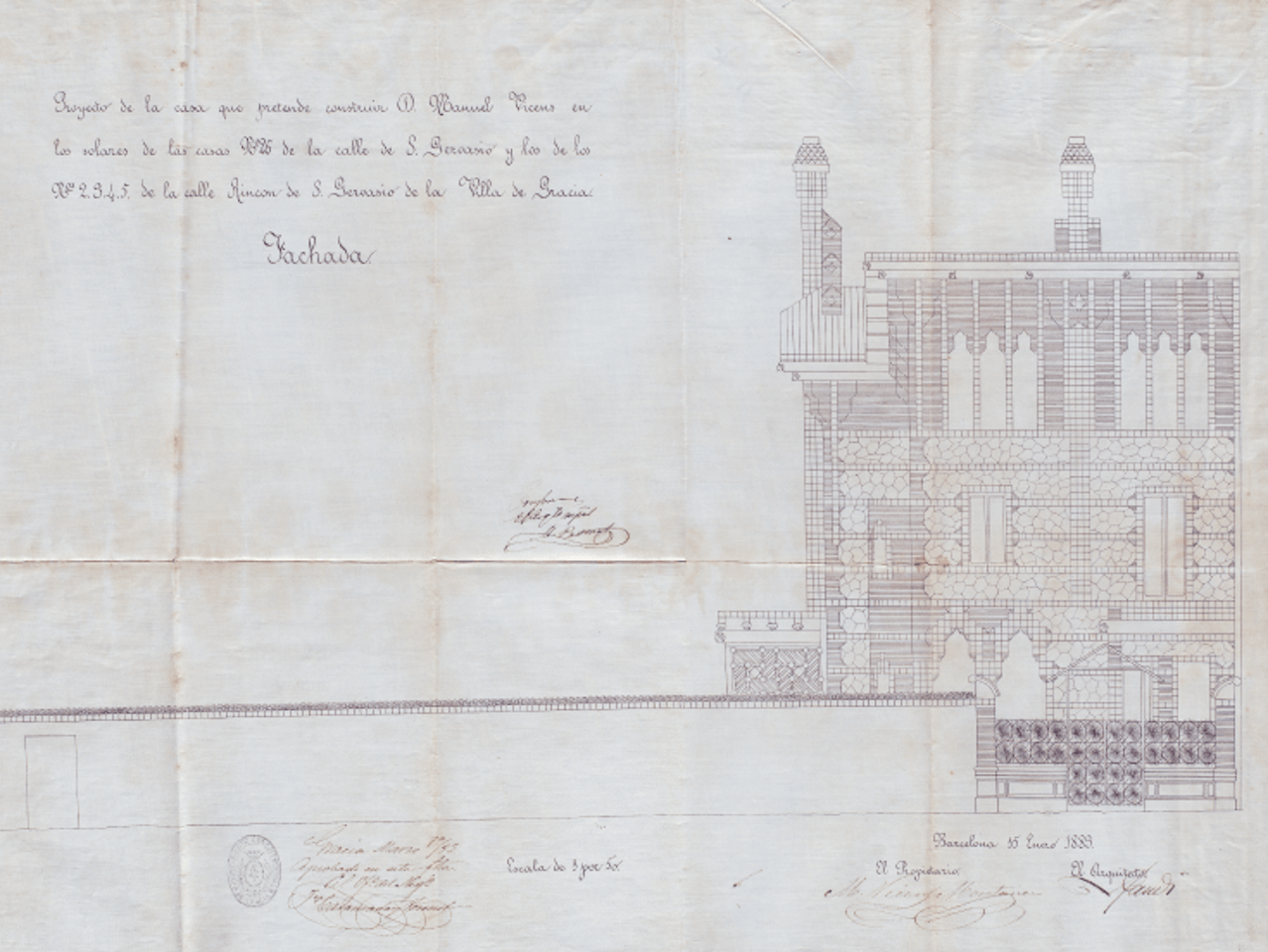 Blueprint of the façade that is attached with the building permit. Arxiu Municipal de Gràcia.