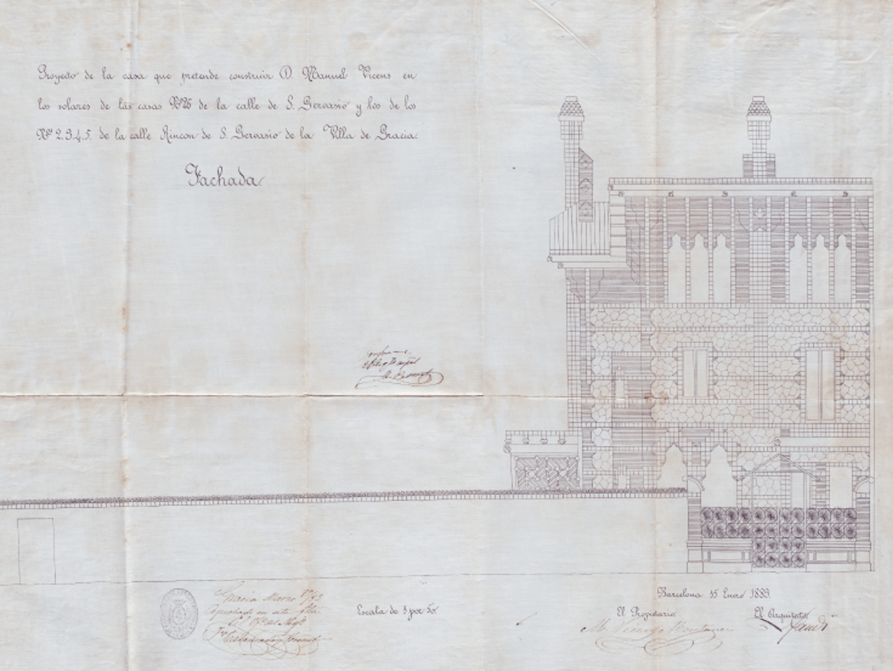 Building permit for Manel Vicens Montaner to build a house with a ground floor and two storeys. Arxiu Municipal de Gràcia