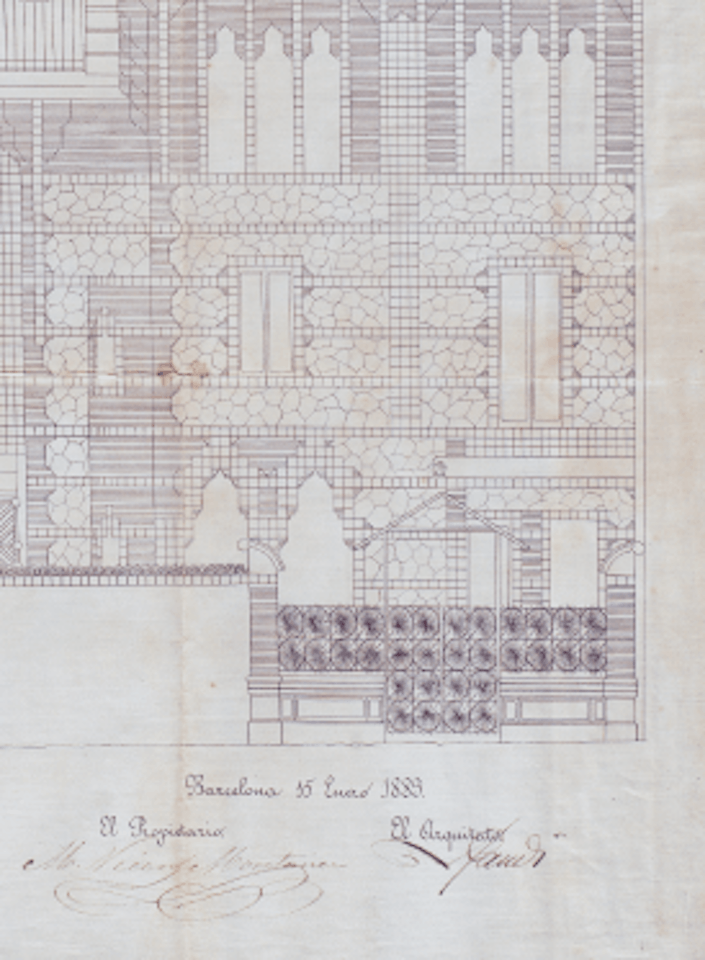 Detail of the blueprint of the façade of Casa Vicens that is attached with the building permit. Arxiu Municipal de Gràcia