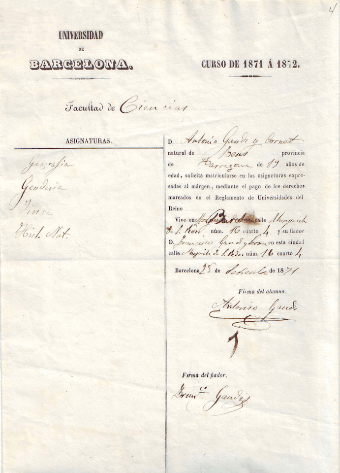 Antoni Gaudí’s enrolment form for the University of Barcelona’s Faculty of Science, for the academic year 1871-1872.