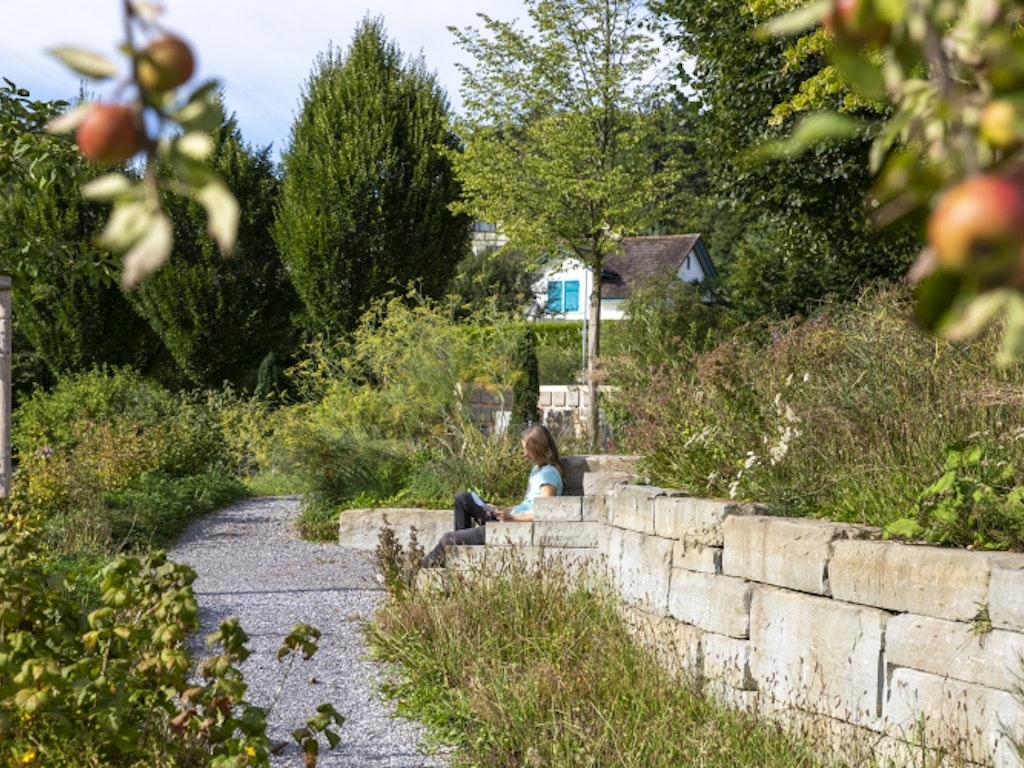 Im Projekt «Vorteil naturnah» aufgewertete Fläche in Kradolf-Schönenberg. Bild: Esther Michel. Frau ruht sich auf Steinbänkchen inmitten von Wildstauden und Obstbäumen aus.