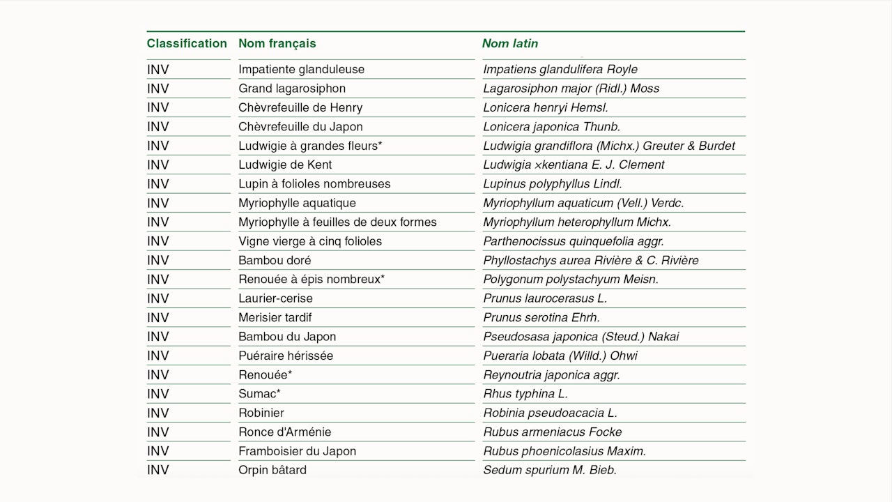 Liste des népophytes emvahisantes (INV) et potentiellement envahissantes (P_INV) de suisse