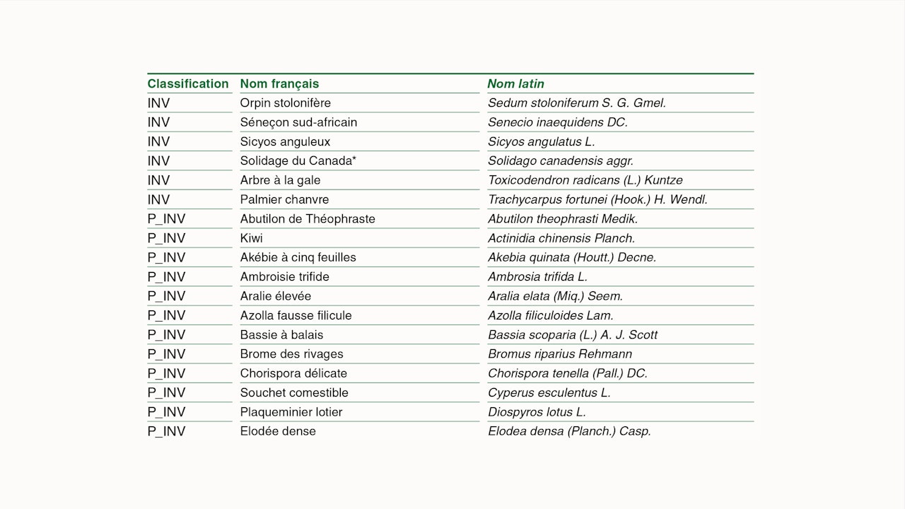 Liste des népophytes emvahisantes (INV) et potentiellement envahissantes (P_INV) de suisse