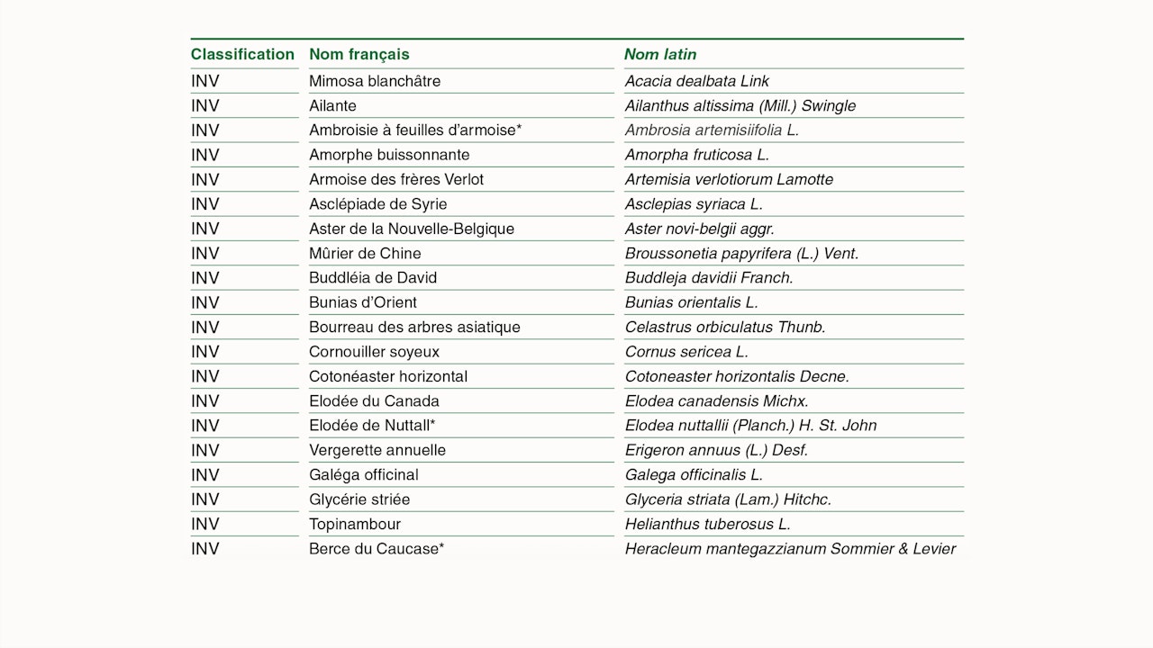 Liste des népophytes emvahisantes (INV) et potentiellement envahissantes (P_INV) de suisse