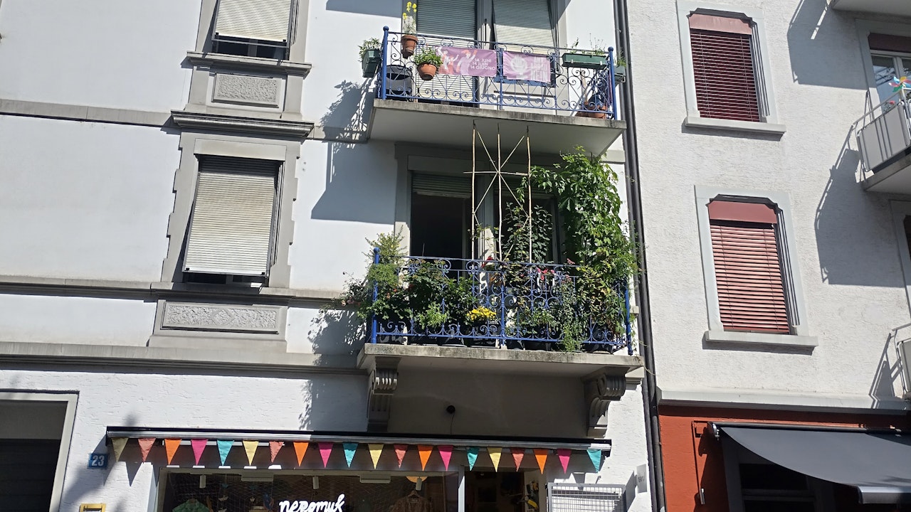 Ein Stadtbalkon der nicht nur wertvollen Schatten spendet, sondern auch noch bunt blüht.