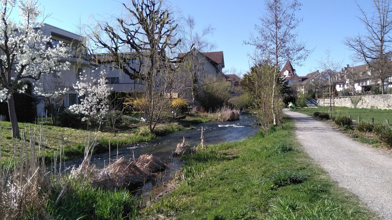 Wasserdurchlässige Wege und offene Gewässer fördern die natürliche Regenwasserversickerung und leiten Wasser in den Boden und Gewässer statt in die Kanalisation.