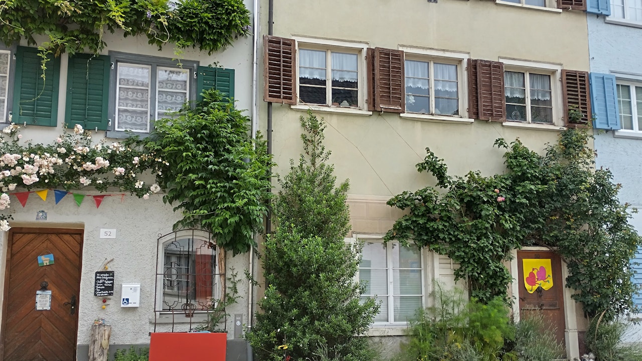 Fassadenbegrünung an den Reihenhäusern trägt zur Klimaanpassung bei, verbessert das Mikroklima und steigert den Wohlfühlfaktor.