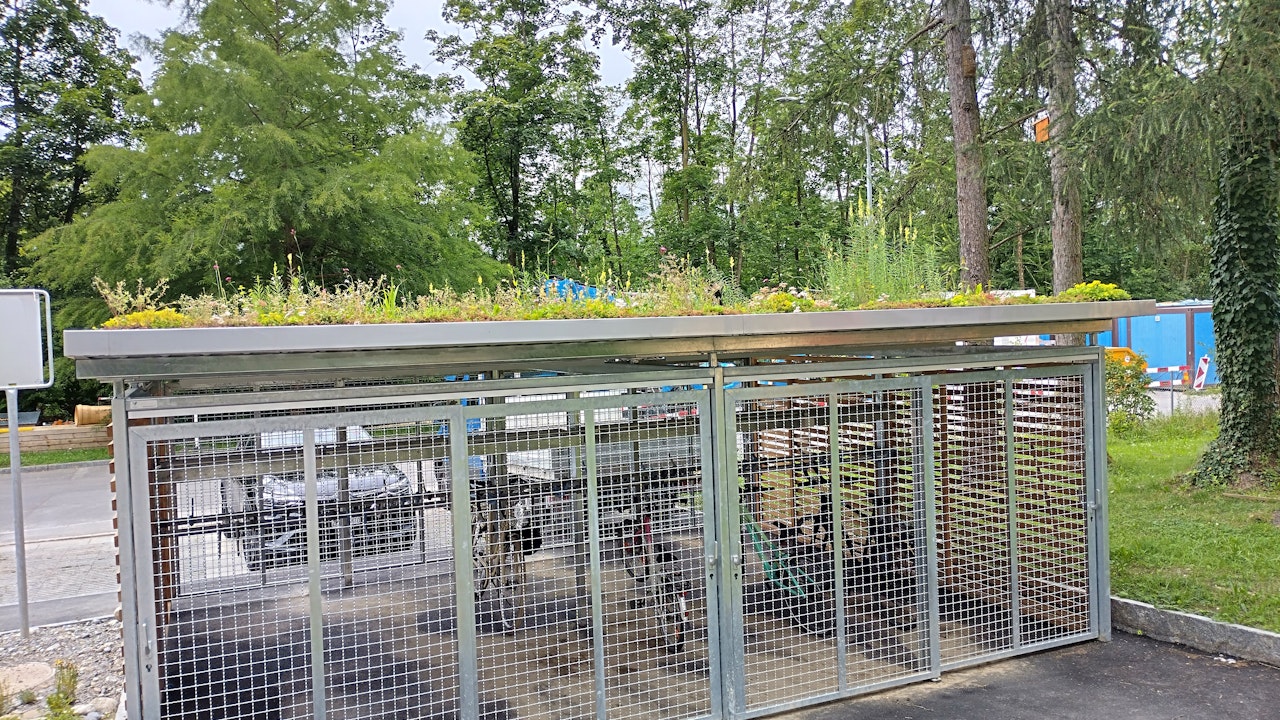 Das begrünte Dach eines Velounterstandes speichert Regenwasser, kühlt die Umgebung und bietet Lebensraum für Insekten.