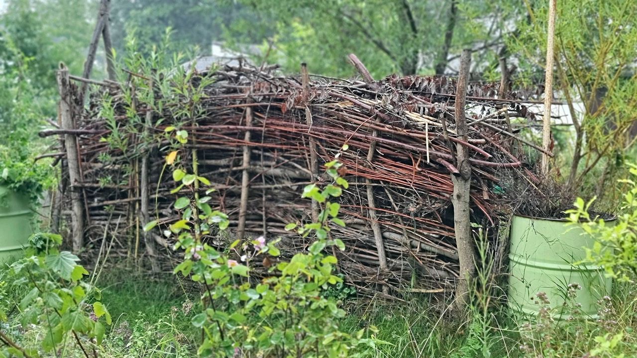 Una siepe di Benjes perfettamente integrata nel giardino: uno spazio vitale naturale per insetti, uccelli e piccoli animali.