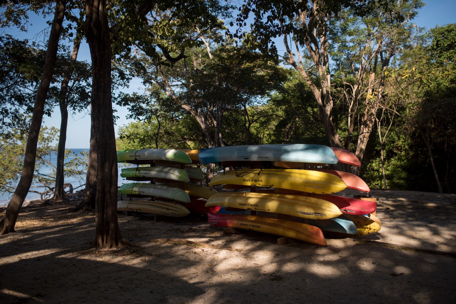a pile of kayaks under shaded trees
