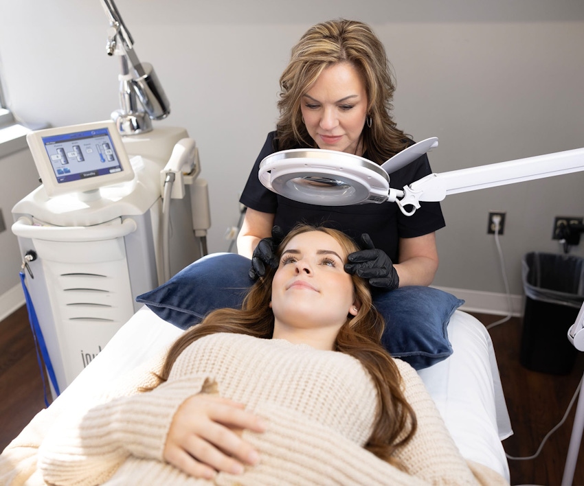 Woman getting facial exam