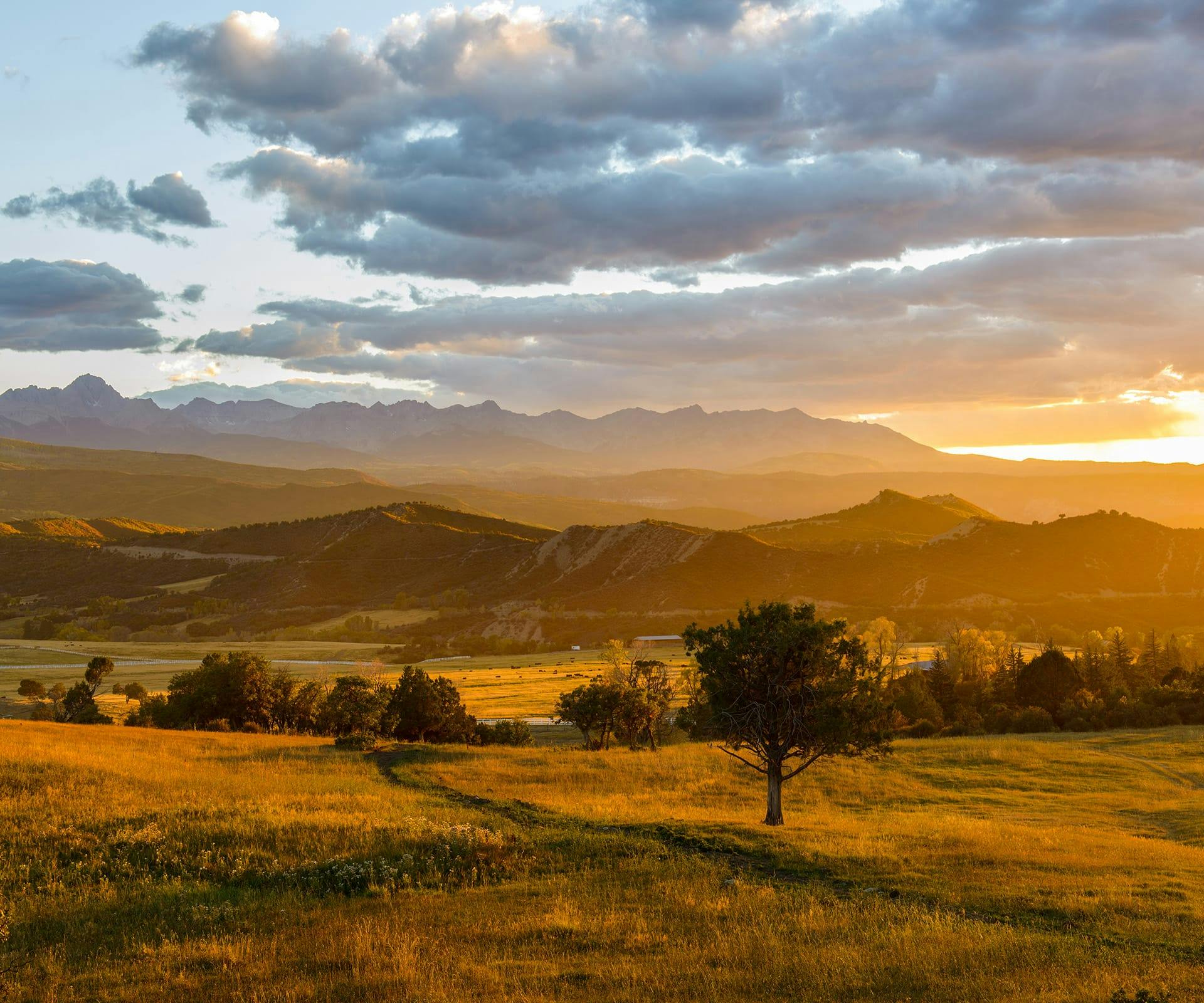 mountains and a field and sunset