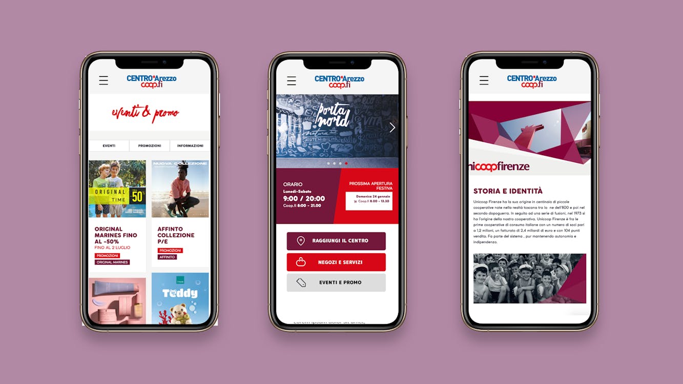3 viste mobile website UniCoop Firenze