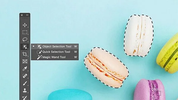 Billede af værktøjspaletten i Photoshop, hvor der bliver vist en samling af de mest anvendte fritlægningsværktøjer