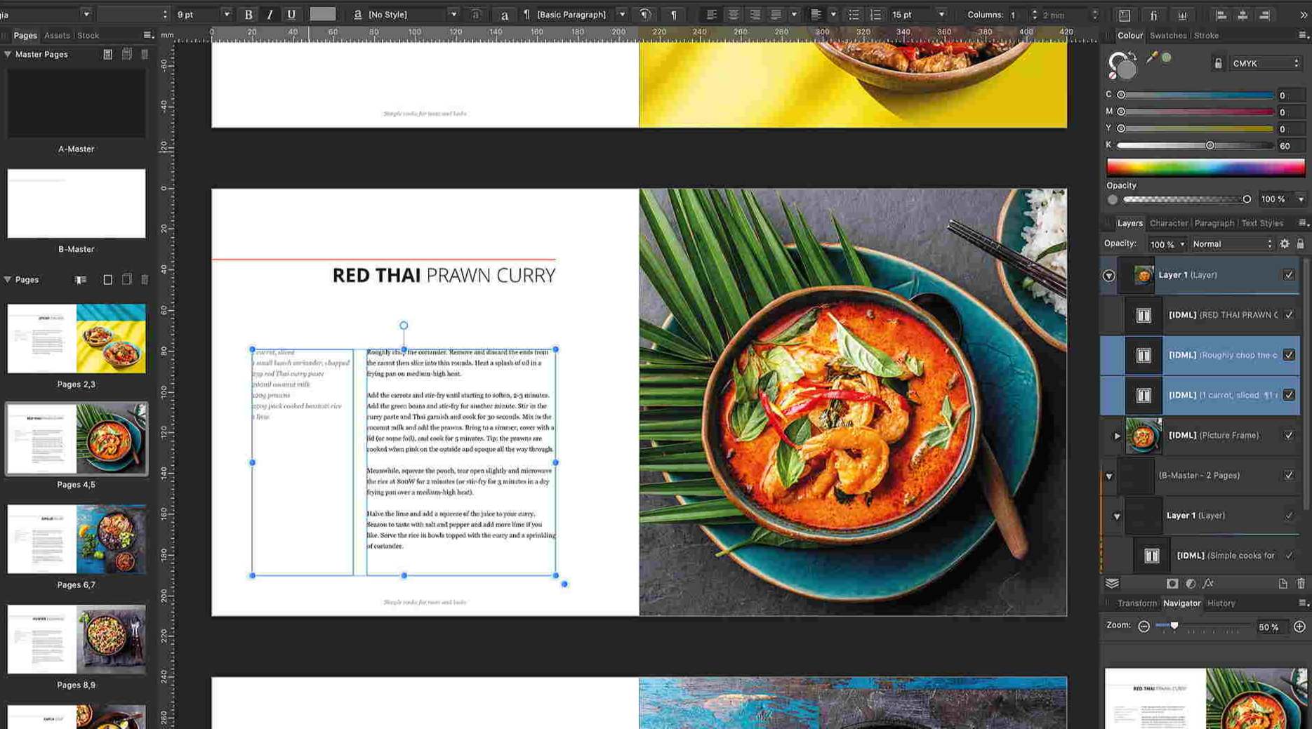 et indsigt i hvordan Adobe Indesign programmet ser ud, når man arbejder på et dokument. Det er en mad opskriftsbog som er ved at blive lavet