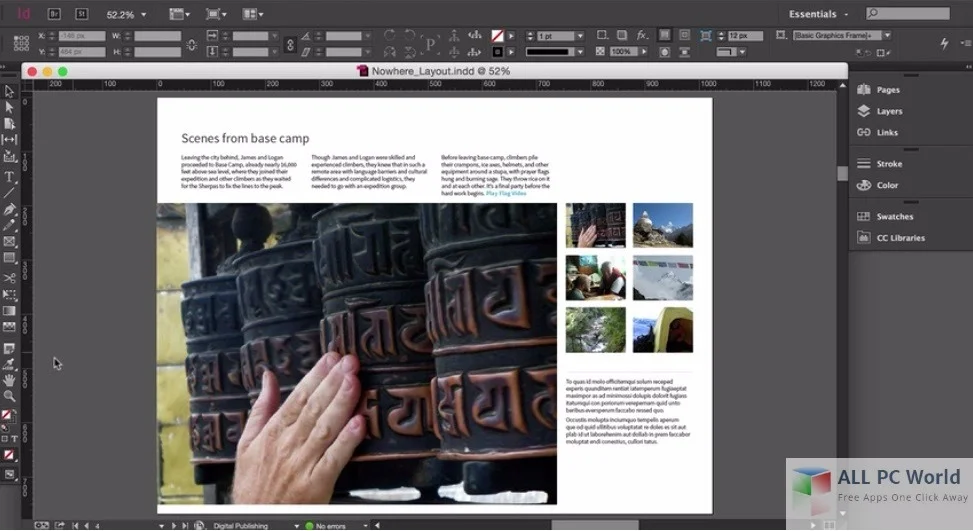 Et Adobe InDesign dokument, hvor der er lavet et opslag med billeder og tekst