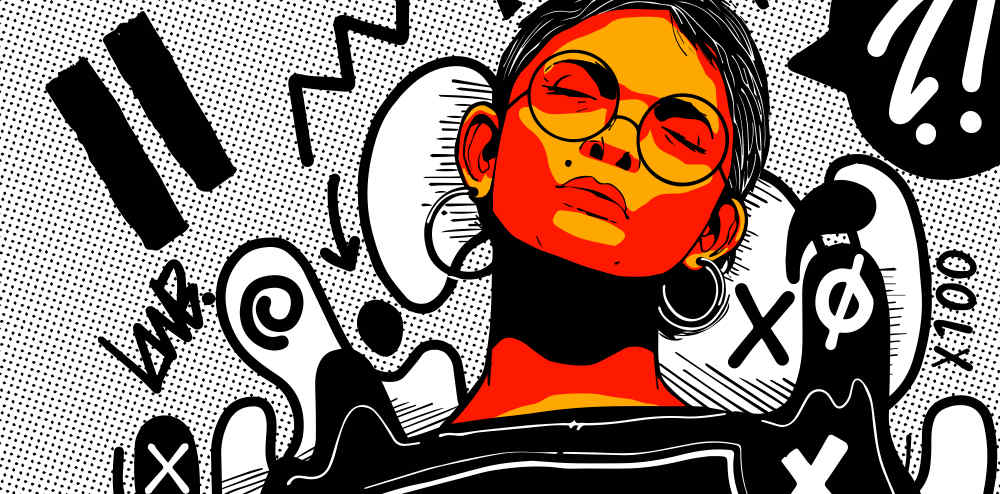 Illustrator illustration af en kvinde med briller på i orange og gul farve. Bag hende er en grafisk baggrund med sort og hvid grafisk mønsker