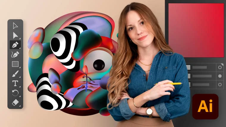 En ung kvinde med langt brunt hår står foran en Adobe Illustrator skærm, hvor man kan se en flot grafisk illustration og nogle Illustrator værktøjer