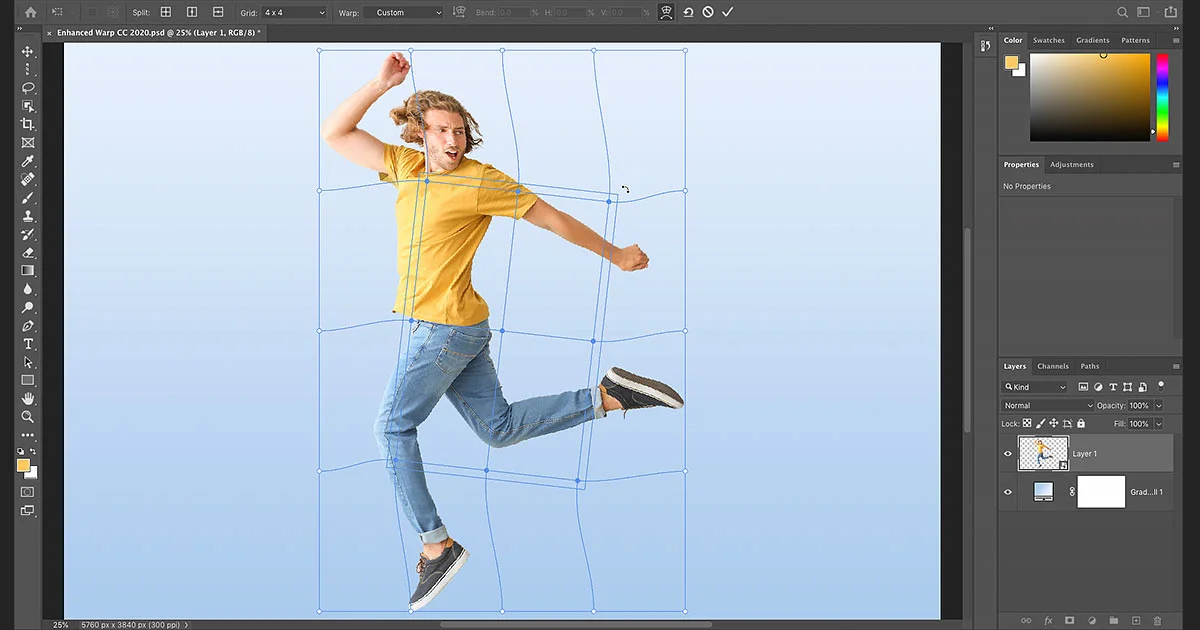 Photoshop programmet, hvor man ser et billede af en ung mand i løbeposition,  fanget i et photoshop net