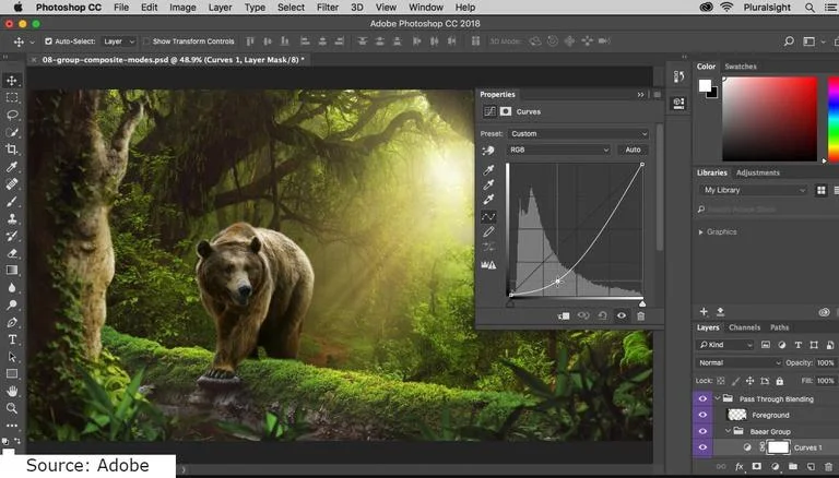 Photoshop programmet er åbent og i Photoshop programmet kan man se en bjørn som kommer gående i en smuk skov
