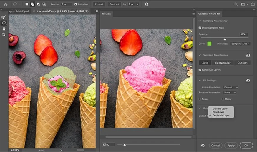 Adobe Photoshop programmet er åbent og man ser nogle lækre is som er ved at blive fotobehandlet