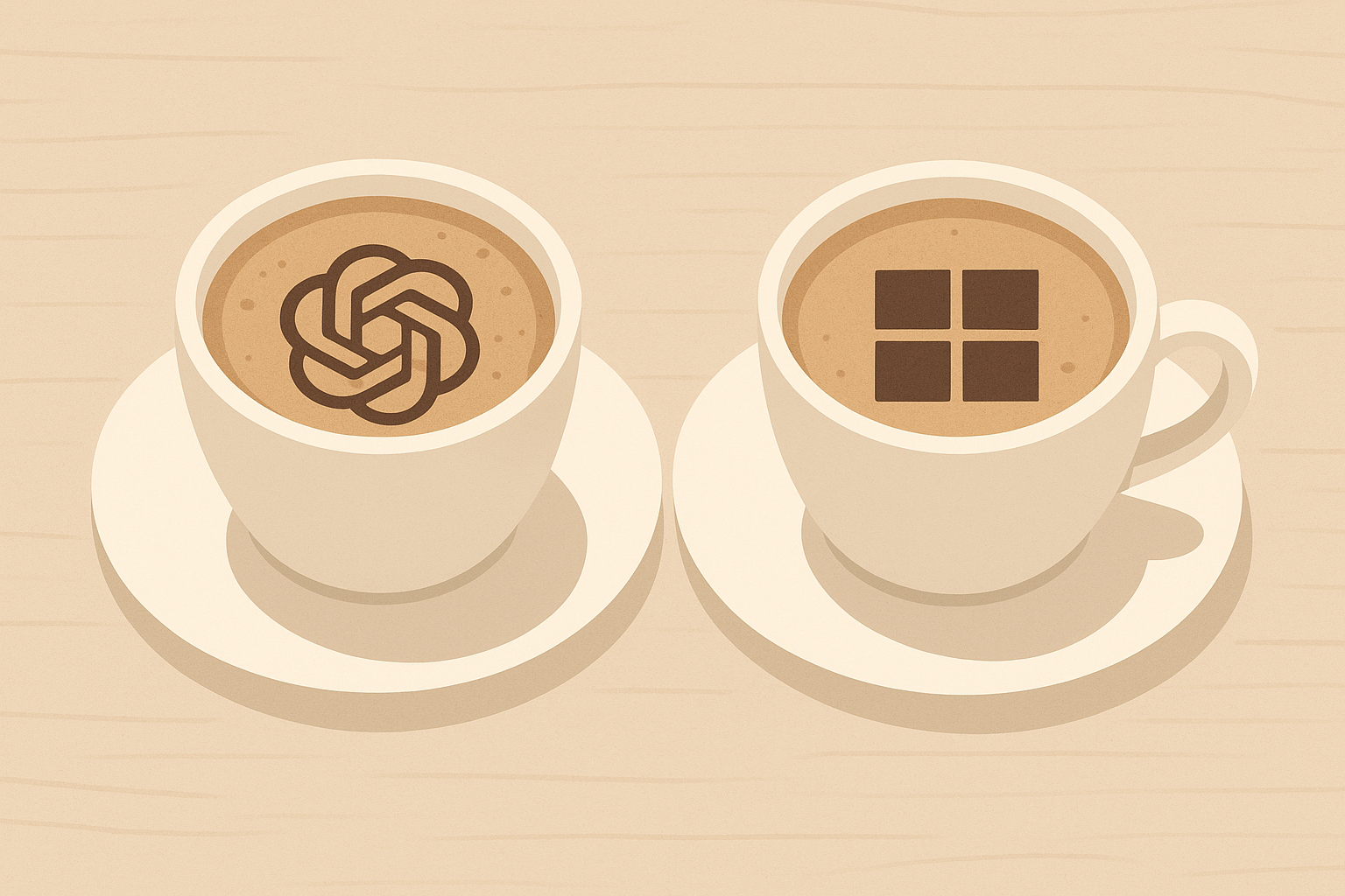 To kaffekopper – med hver sit ikon i skummet – en subtil visuel metafor for personlige præferencer: den ene har ChatGPT-logoet, den anden Microsofts.