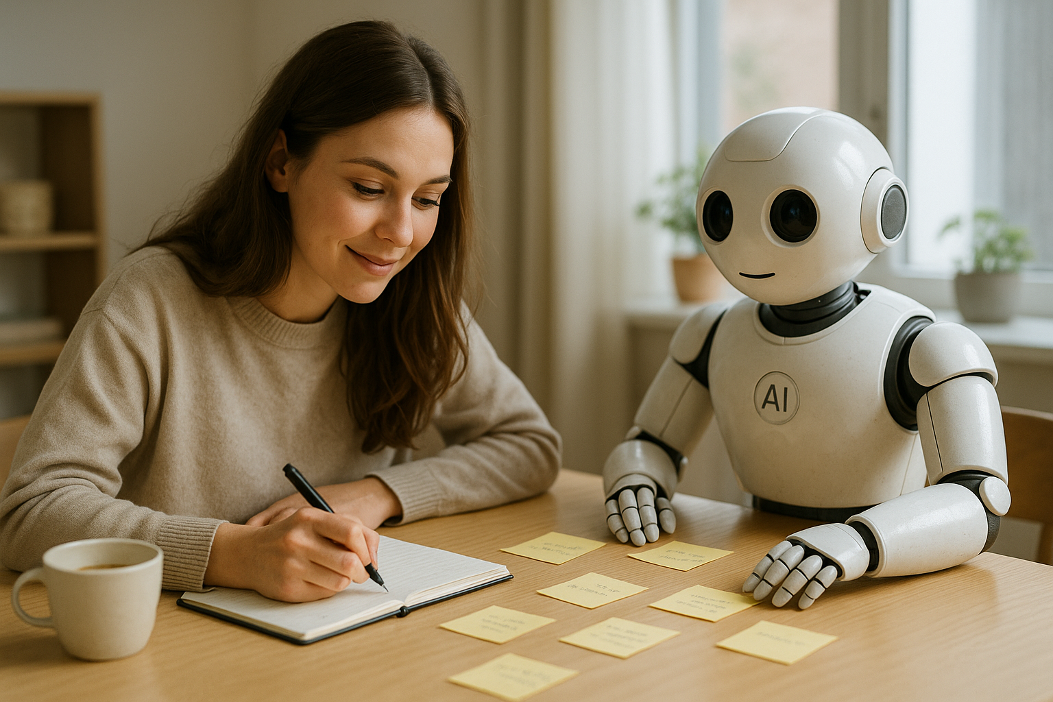 En ung kvinde sidder ved et bord og skriver i en notesbog, mens en venlig robot med "AI"-mærke sidder ved siden af og kigger på gule post-its. De er omgivet af blødt dagslys i et lyst rum med planter i baggrunden.