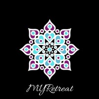 Black blackground with purple and turquoise floral-like symbol.