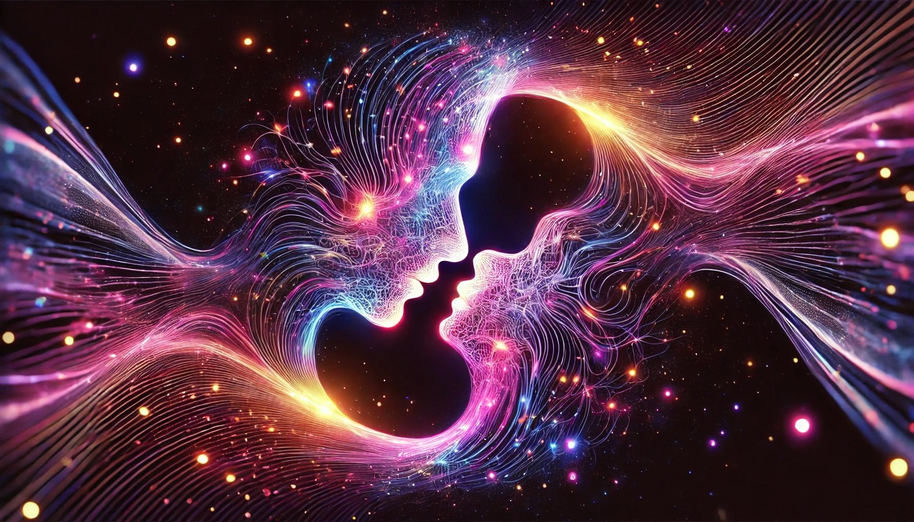 Futuristic abstract digital artwork representing AI companionship, featuring glowing energy waves in neon hues, symbolizing deep emotional connections in AI-driven relationships.