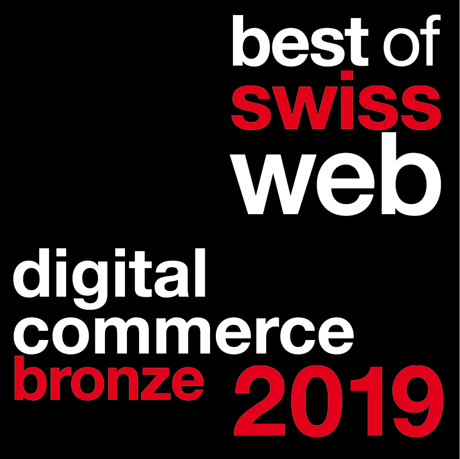 Text reading "best of swiss web, digital commerce, bronze 2019" in red and white on a black background.