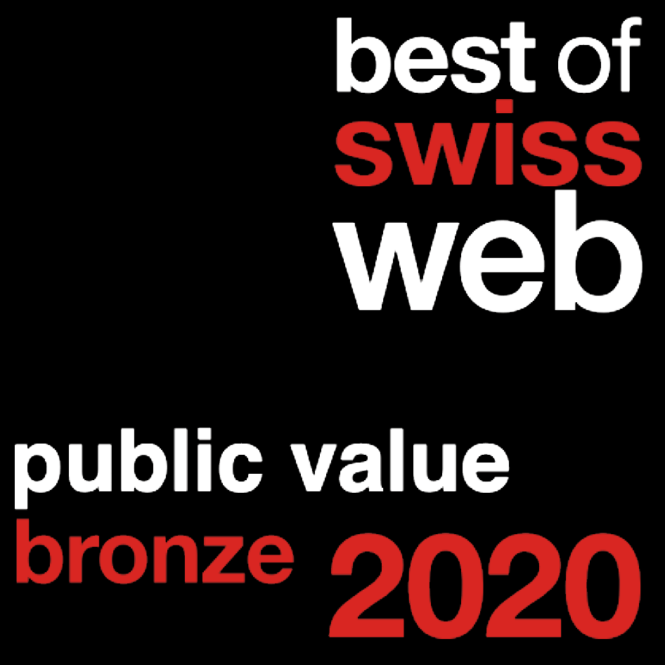 Best of Swiss Web 2020 award for public value, bronze category, with black background and white and red text.
