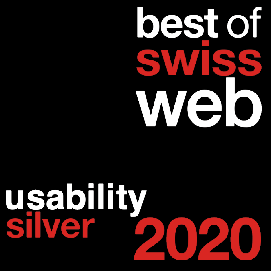 Award graphic featuring text: "best of swiss web" in bold, and "usability silver 2020" below.