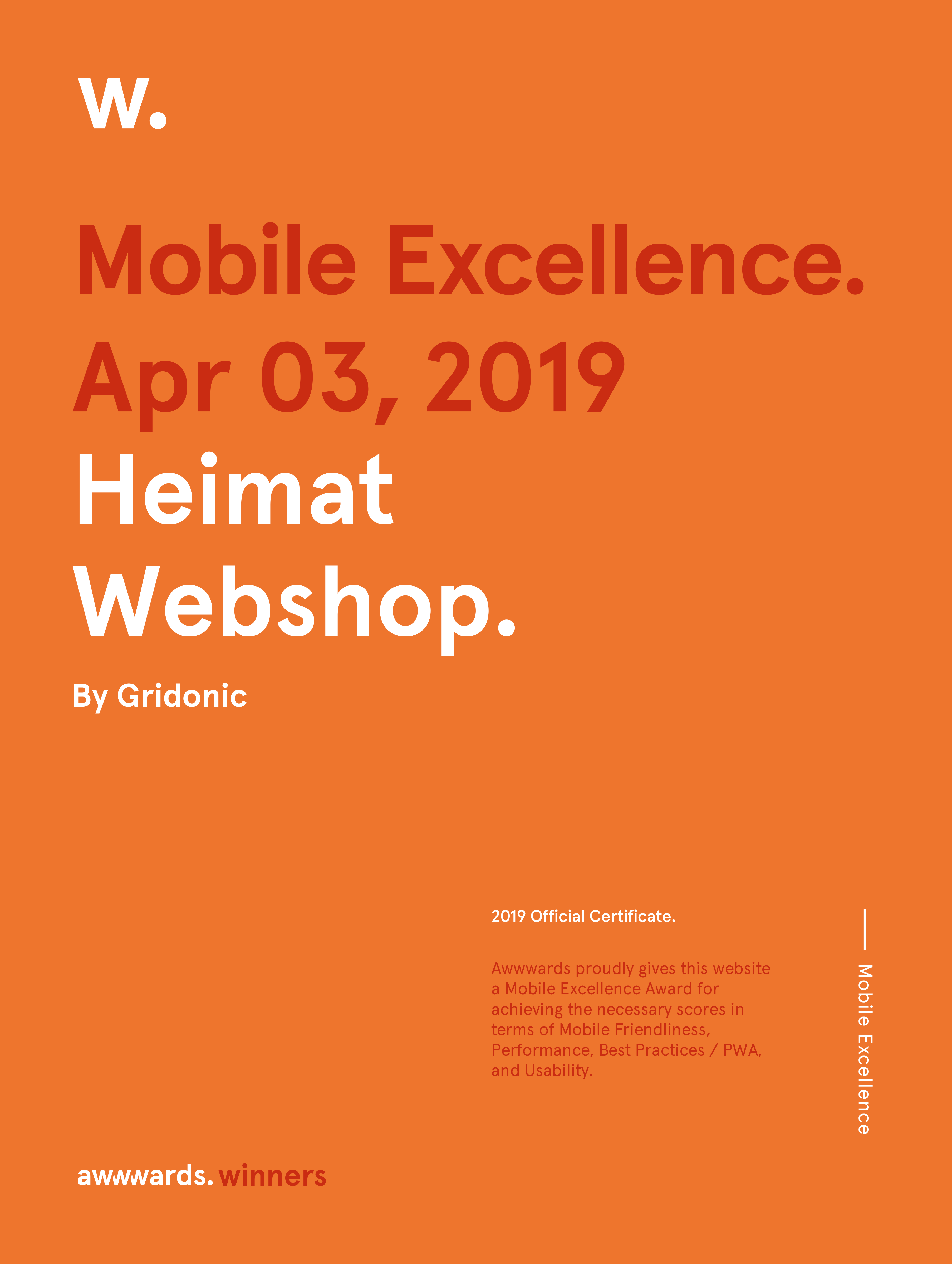 Certificate for Mobile Excellence awarded to Heimat Webshop on April 3, 2019, by Awwwards.