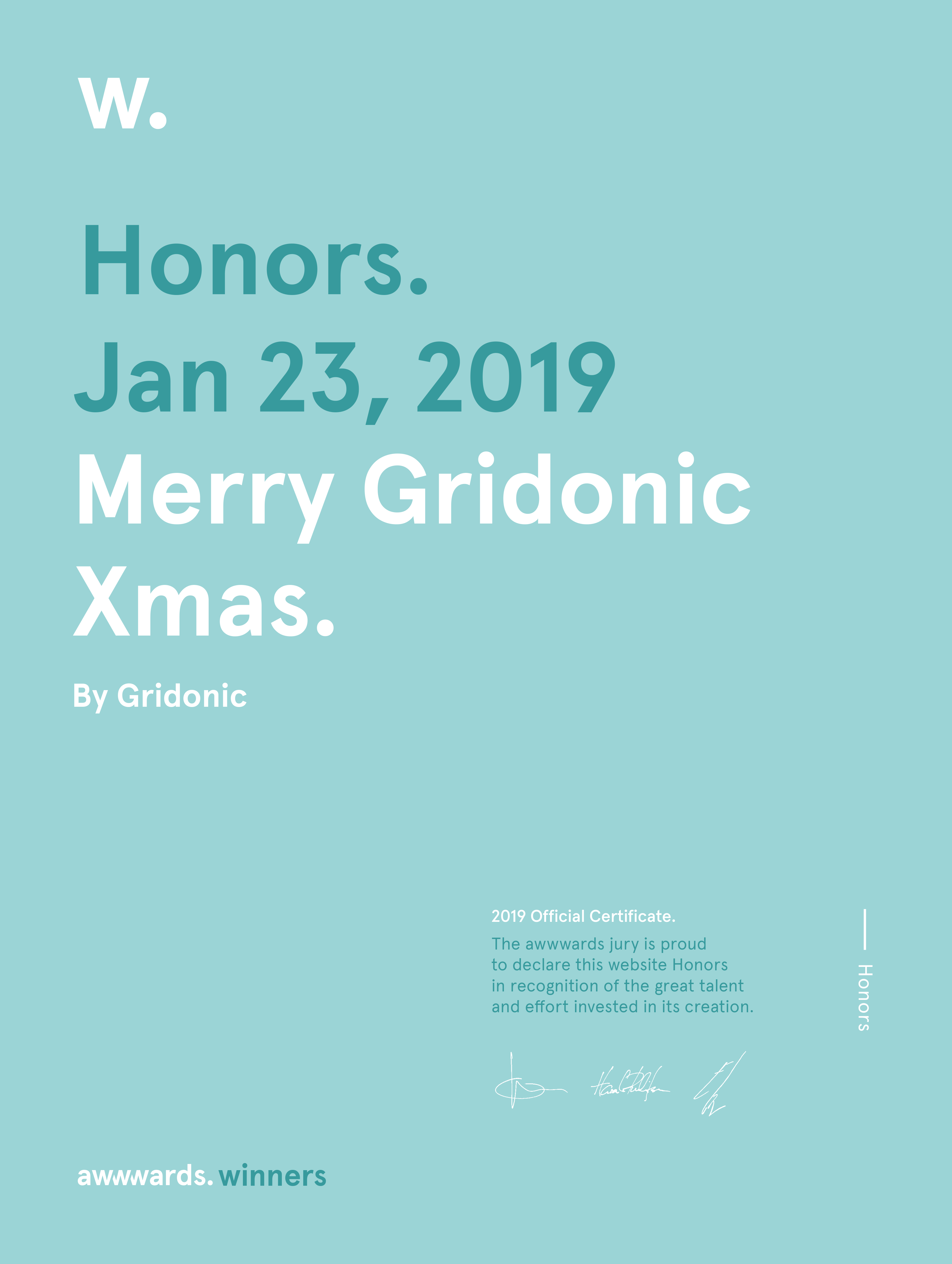 Certificate from Awwwards, dated January 23, 2019, awarding honors to "Merry Gridonic Xmas" by Gridonic.