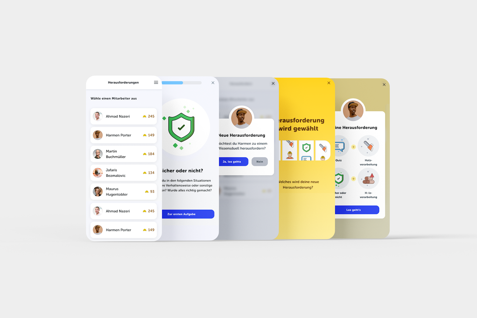 Mobile app screens showing a list of users, a security prompt, a confirmation message, and an information screen, all in German.