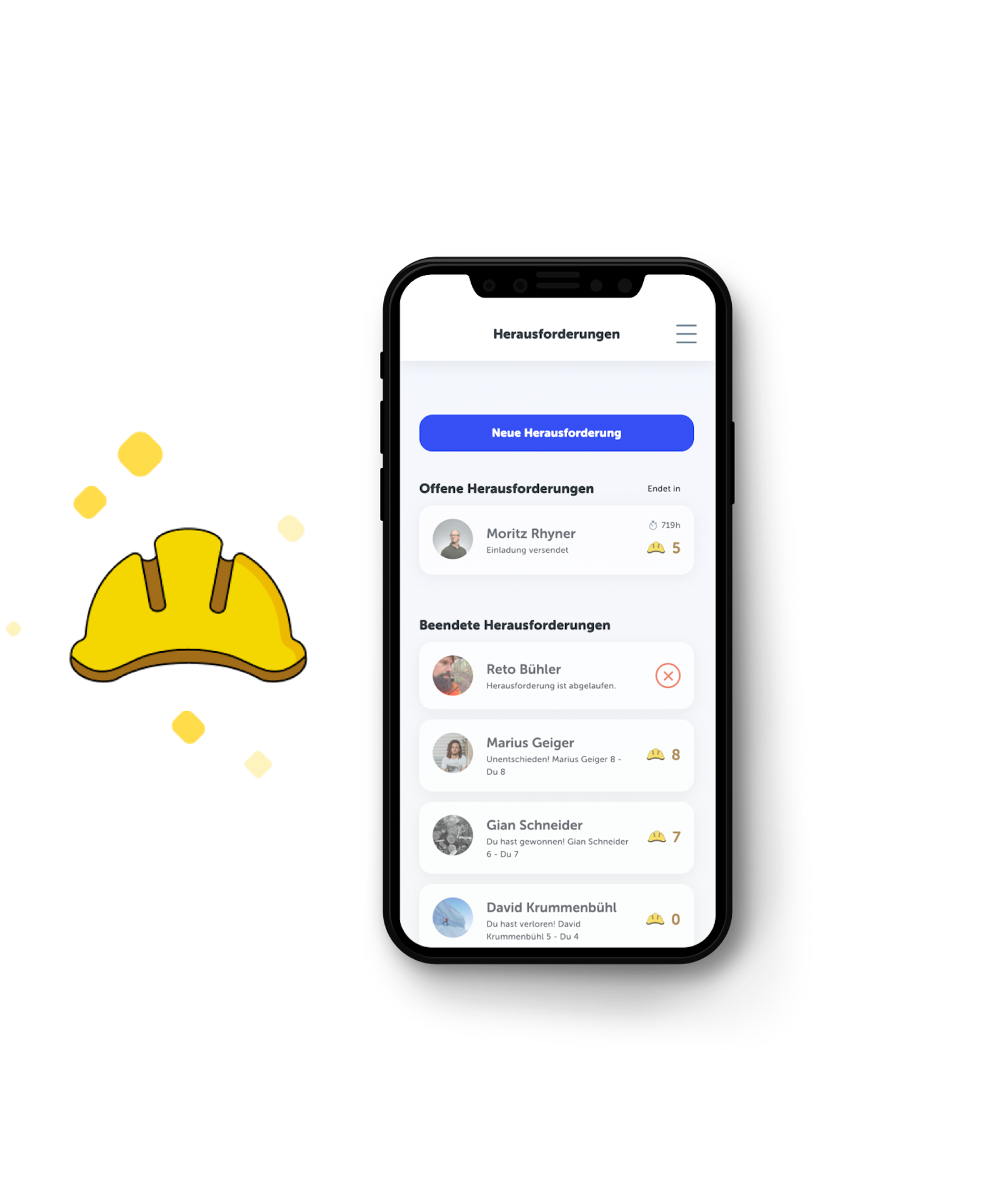 Mobile app interface showing a list of user challenges. Users are listed with names, icons, and numbers indicating points or achievements. A yellow hard hat icon is nearby.