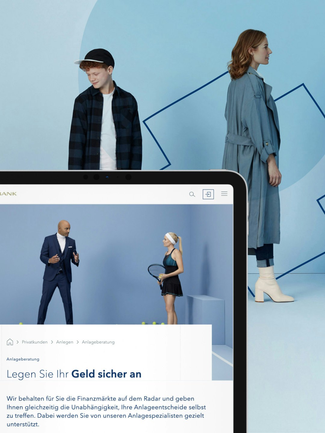 A tablet displaying a banking website in front of a background with diverse people walking and interacting in a casual setting.