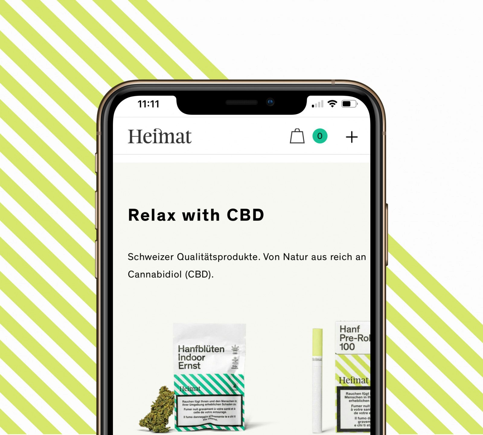 Smartphone displaying a website for CBD products, featuring text "Relax with CBD" and images of packaged items. Background includes diagonal green and white stripes.