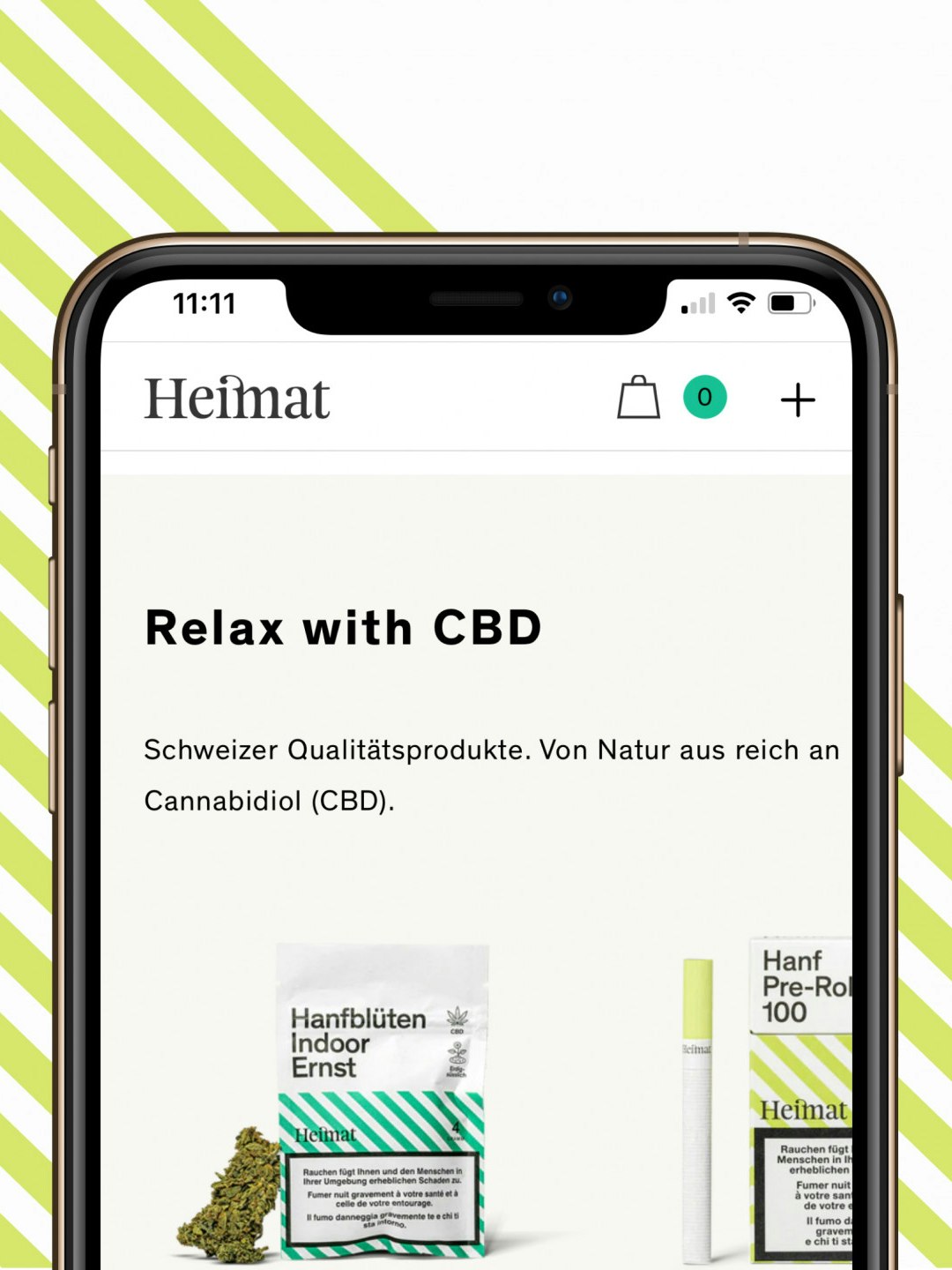 Smartphone displaying a website for CBD products, featuring text "Relax with CBD" and images of packaged items. Background includes diagonal green and white stripes.